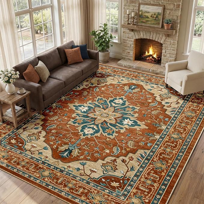 RELEANY Area Rugs Large 10'x12' Washable Non-Slip, Floral Vintage Distress Medallion Carpet for Living Room Bedroom Dining Room, Red Orange Blue Brown