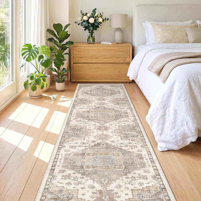 Runner Rug 2x6 Washable Vintage Area Rugs for Hallway Non Slip Laundry Rug Runner Boho Floor Carpet Runners for Entryway Laundry Room Kitchen Bathroom (2'x6',Brown)