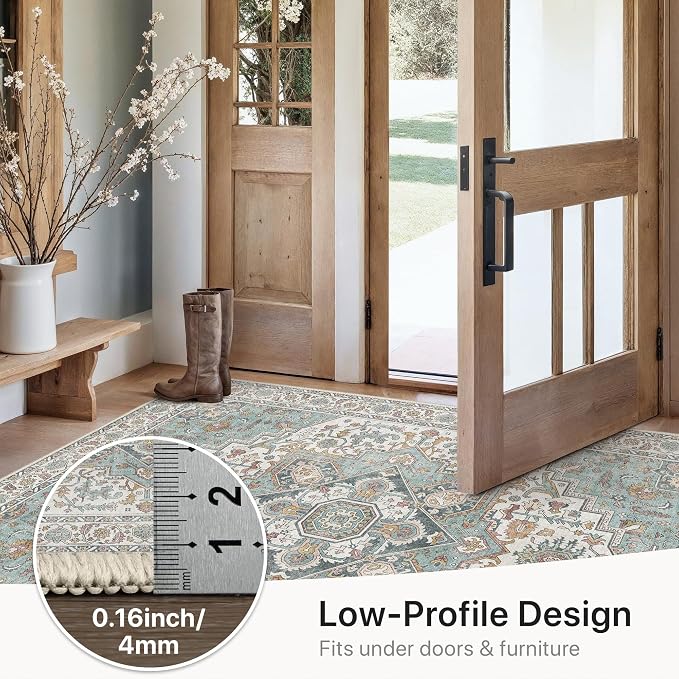 GENIMO Runner Rug 2x5 Non Slip Machine Washable Hallway Runner Rug, Low Pile Lightweight Rugs for Entryway, Hallway, Kitchen and Corridor, Vintage White/Teal