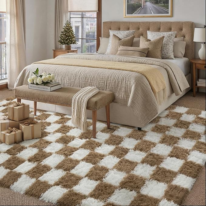 PureCozy 5x8 Area Rugs for Living Room Brown Soft Shag Checkered Large Rug Modern Washable Indoor Office Fuzzy Carpet Non-Slip Fluffy Rugs for Bedroom Nursery Dorm Playroom Home Aesthetic Decor