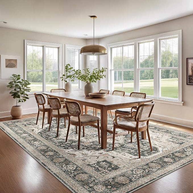Roxstand Washable Rugs 8x10 Area Rugs for Living Room, Bedroom, Office, Ultra-Thin Anti Slip Backing Rug, Super-Soft Vintage Large Area Rug, Home Decor Farmhouse Rugs (Black/Beige, 8'x10')