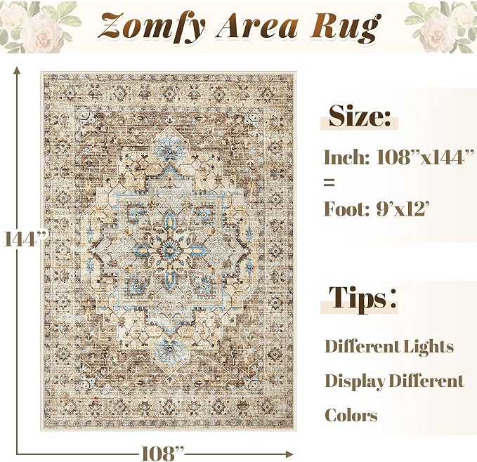 Area Rug 9x12 Vintage Rug: Large Washable Indoor Medallion Rugs Low Pile Distressed Floor Carpet Retro Accent Rug for Living Room Bedroom Kitchen Dining Table Home Office(Brown/Blue, 9'x12')