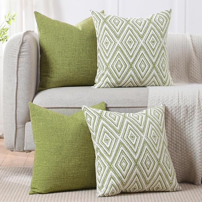 HPUK Throw Pillow Covers 18x18 Inch Set of 4, Linen Decorative Pillow Covers, Accent Cushion Covers for Couch Sofa Bed Bedroom Living Room Décor, Green