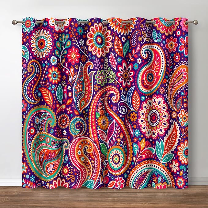 Jekeno Boho Colorful Floral Blackout Curtains Bohemian Mandala Flowered Grommet Privacy Drapes Decor Apartment Bedroom Living Room Darkening Window Treatments 2 Panels Set, Multicolor 42x84 Inch
