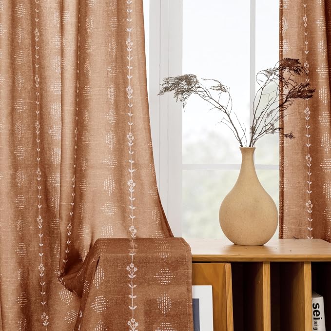 Hippie Boho Curtains 63 Inch Length Semi Sheer Terracotta Burnt Orange Vintage Linen Hippy Southwestern Window Curtains for for Bedroom Living Room
