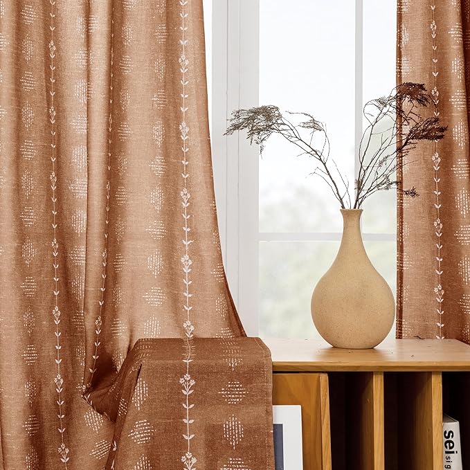 Terracotta Boho Curtains 2 Panels, Burnt Orange Bohemian Patterned Drapes, Western Rust Colored Vintage Floral Linen Sheer Aztec Print Curtains for Bedroom Living Room 84 Inch Long