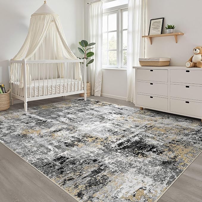 5x8 Area Rug Living Room: Washable Large Abstract Neutral Modern Soft Rug Stain Resistant Indoor Floor Non-Slip Accent Carpet for Bedroom Nursery Playroom Dining Room Office Dorm Home- Black Gold