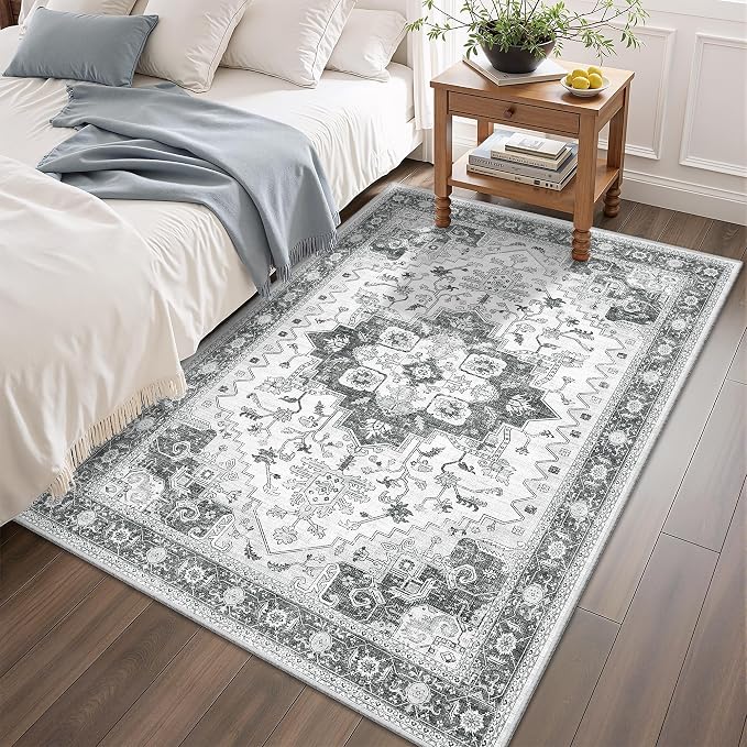 Area Rugs for Living Room 4x6, Boho Non-Slip Low Pile Carpet Washable Rugs for Bedroom,Office, Dining Room Grey