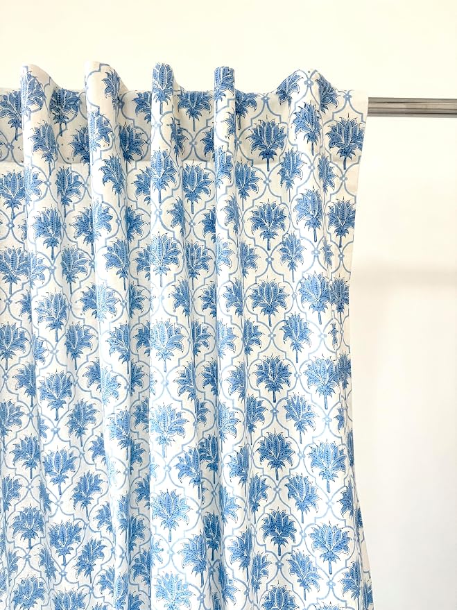 ATOSII 100% Cotton Single Panel Block Print Curtain, Easy Hanging with Rod Pocket & Loop, Living Room, Dining Room, Bedroom Light Filtering Boho Curtains, Set of 1, 60" W X 84" L, Padma Blue
