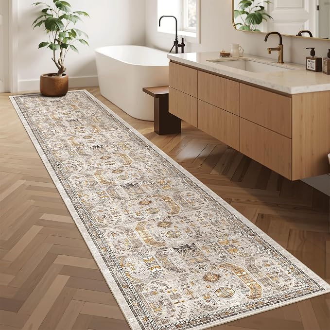 Madane Washable Runner Rugs 2x12 Long for Hallway Kitchen Soft, Brown/Gold | Non-Slip Vintage Printed 12ft Rug Runners with Rubber Backing, Thin Low-Pile Floor Carpet Laundry Room Entryway, Corridor