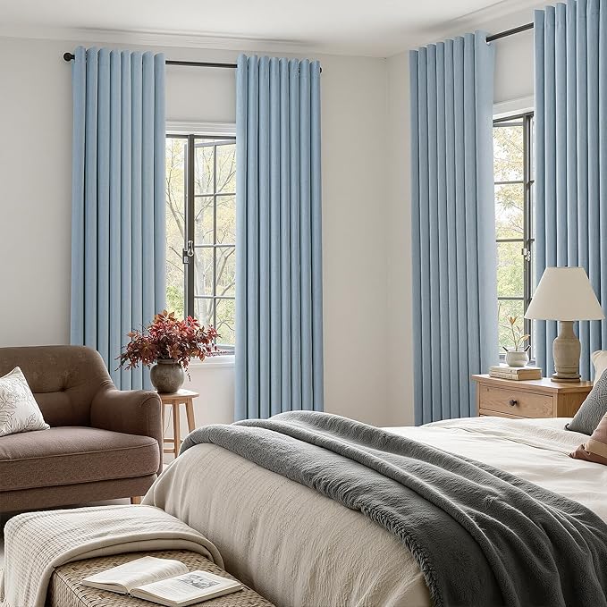 Jowels Blue Linen Blackout Curtains 72 Length 2 Panels Set for Living Room Bedroom, 100% Black Out Thermal Insulated Linen Drapes, Room Darkening Grommet Curtains 72 Inches Long