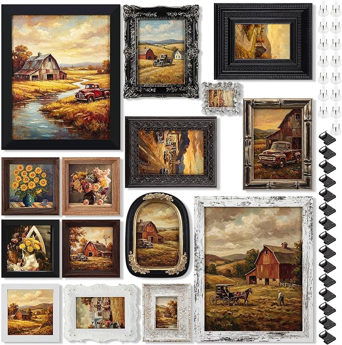 Kathfly 15 Pack Vintage Picture Frames for Wall, Tabletop Display Ornate French Country Frames Vintage Farmhouse Decor Antique Wall Frame Set for Gallery Bedroom Living Room Decor (Retro in Black)
