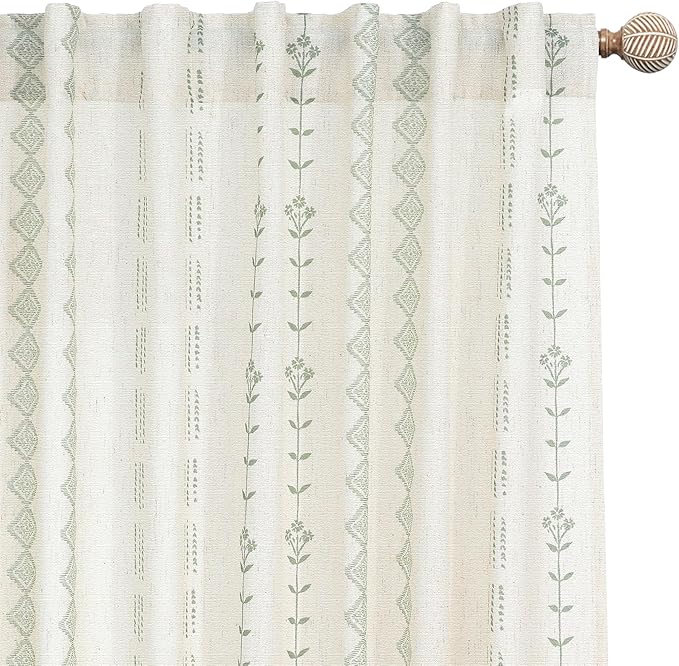 63 Inch Length Curtains 2 Panels Set,Sheer Linen Boho Sage Green Cream White Spring Leaf Curtains for for Living Room Kitchen Window Treatments