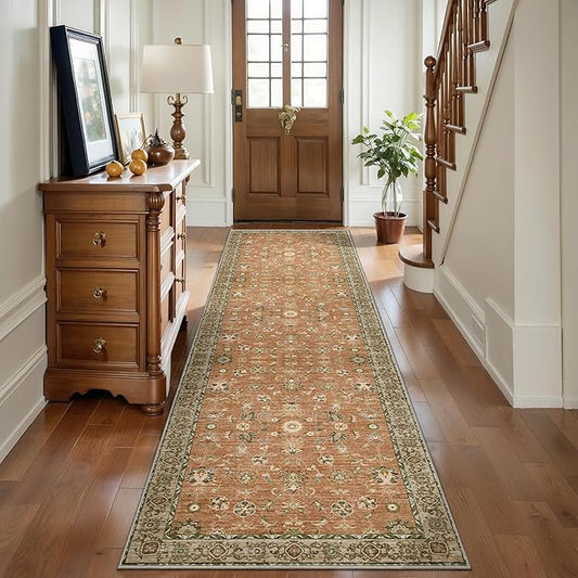 Tangsoo Washable Runner Rug for Hallway Non Slip, 2.6x8 Terracotta Floral Vintage Long Runner Rugs for Entryway, Floor Carpets Soft Low Pile Rug Runners for Kitchen Bathroom Laundry Bedroom Boho