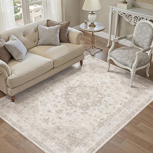 PureCozy Beige Area Rug 4x5 Washable Vintage Carpet Entryway Office Soft Retro Kitchen Low Pile Thin Door Mat Non Slip Oriental Medallion Throw Small Rug for Bathroom Bedroom Dining Living Room