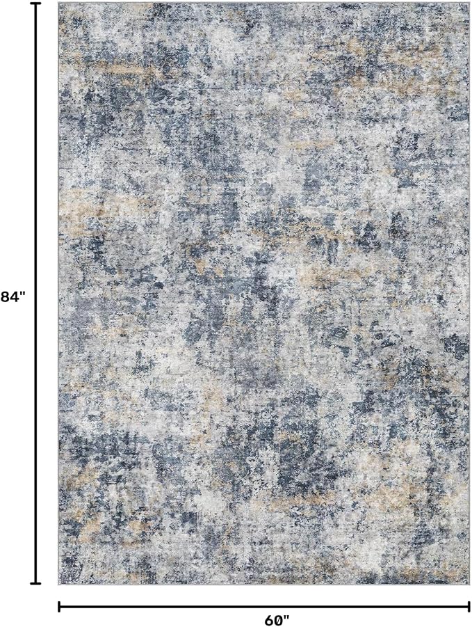 Tortania Washable 5x7 Area Rug for Living Room: Modern Abstract Neutral Large Soft Thin Rugs - Non Slip Indoor Carpet for Bedroom Dining Room Office Nursery Home Floor Decoration - Blue Grey