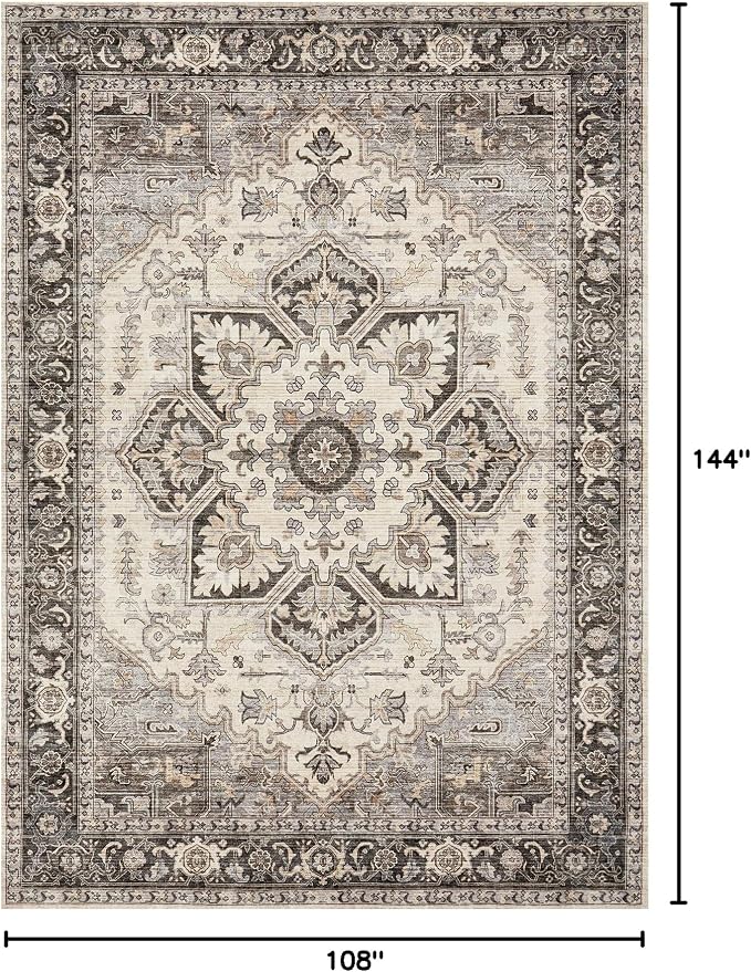 Area Rug for Living Room - 9x12 Soft Machine Washable Oriental Vintage Floral Distressed Large Indoor Floor Carpet for Bedroom Under Dining Table Home Office Decor - Grey Brown