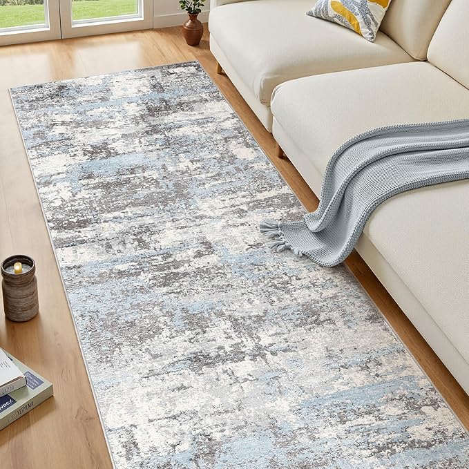 Hallway Washable Runner Rug: 3x8 Abstract Modern Soft Stain Resistant Non-Slip Backing Runner for for Entryway Kitchen Laundry - Blue Grey
