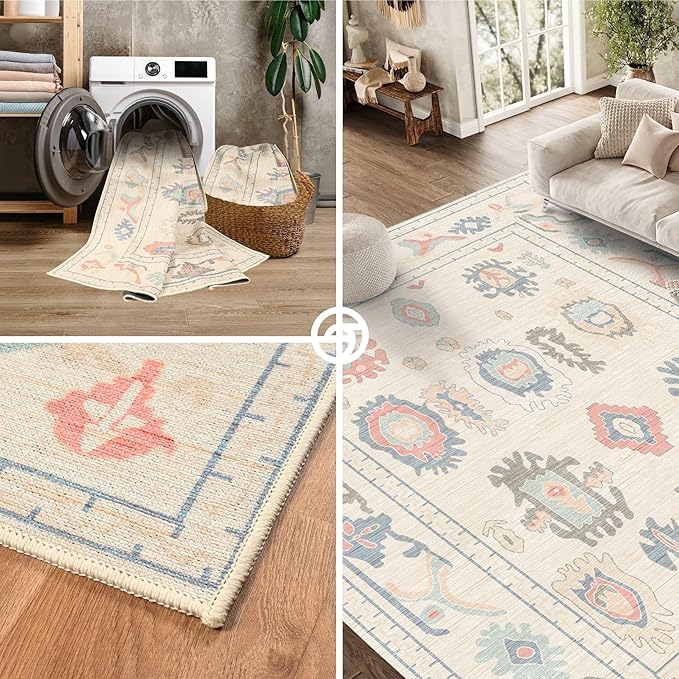 Beige Oushak Large Area Rug 9x12 - Washable Vintage Turkish Non-Slip Backing Pastel Oversized Large Rugs for Living Room Dining Room, Bedroom, Lounge, Farmhouse