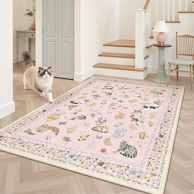 Soalmost Cat 4x6 Area Rugs for Baby Girl Nursery, Machine Washable Animal Floral Accent Rug Non-Slip Low Pile Soft Throw Rugs for Entryway Kitchen Bedside Living Room Bedroom Playroom (4 x 6,Pink)