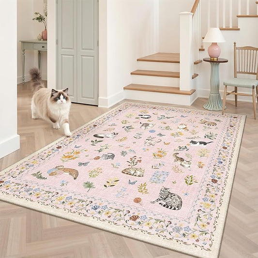 Soalmost Cat 4x6 Area Rugs for Baby Girl Nursery, Machine Washable Animal Floral Accent Rug Non-Slip Low Pile Soft Throw Rugs for Entryway Kitchen Bedside Living Room Bedroom Playroom (4 x 6,Pink)