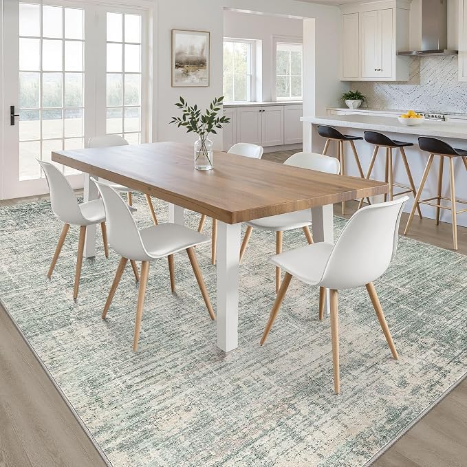 7x9 Area Rug Living Room: Washable Large Neutral Green Rugs Abstract Soft Modern Stain Resistant Indoor Floor Non-Slip Carpet for Bedroom Nursery Kids Office Playroom Dining Room Under Table Home