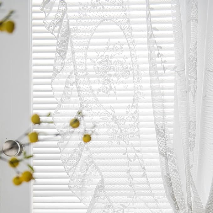 Sutuo Home White Lace Curtains 2 Panels 72 Inches Long for Bedroom Living Room, Vintage Embroidered Floral Rose Sheer Curtains, Privacy Farmhouse Windows Treatment Pair, Rod Pocket, W57 x L72