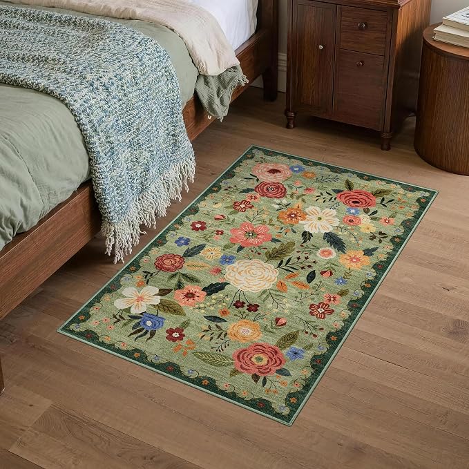 2x3 Washable Area Rug for Entryway Vintage Boho Floral Rug Non-Slip Low Pile Soft Faux Wool Small Carpet Kids and Pets Friendly for Bathroom Bedroom Kitchen Hallway Bedside Home Decor Rug Light Green