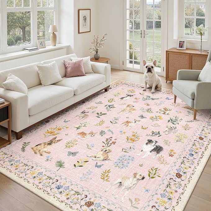 Soalmost Dog 6x9 Area Rugs for Living Room, Machine Washable Animal Floral Vintage Rug Non-Slip Low Pile Soft Throw Rugs for Bedroom Dining Room Kitchen Nursery Playroom (6 x 9,Pink)