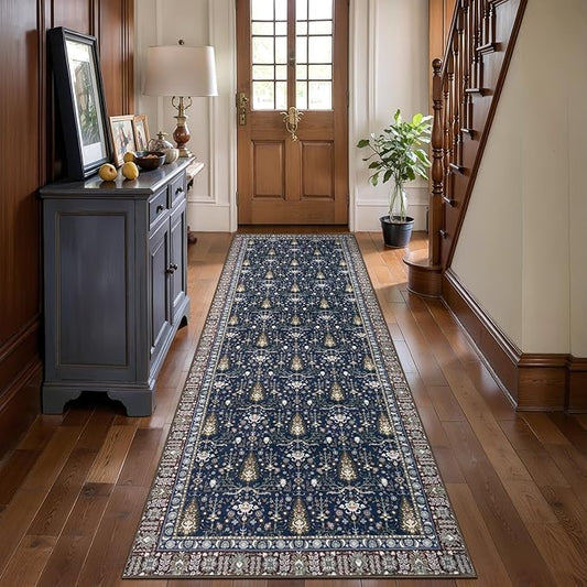 Tangsoo Washable Runner Rug for Hallway Non Slip, 2.6x8 Blue Rug Floral Vintage Long Runner Rugs for Entryway, Floor Carpets Soft Low Pile Rug Runners for Kitchen Bathroom Laundry Bedroom Boho