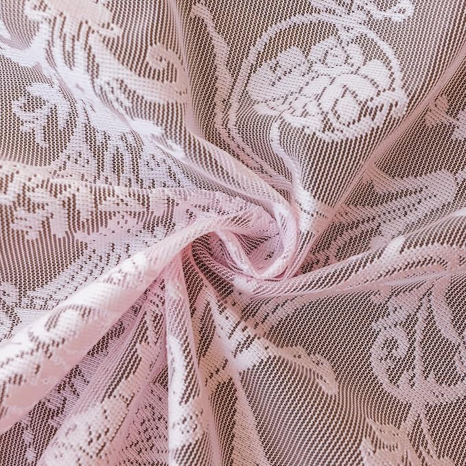 TUDECO Pink Kithen Curtains 45 Inch Length, Cute Girly Room Decor, Semi Sheer Light Pink Curtains, Floral Pattern&Ruffle Edegs, Romantic Spring Curtain, Rod Pocket Top, 59W x 45L Inch