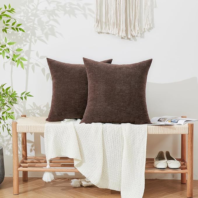 GAWAMAY Decorative Square Throw Pillow Covers 20"x20" Inch Set of 2, Super Soft Chenille Pillows Farmhouse Fall Pillowcase for Living Room Bedroom Sofa Couch Cushion Cover Coffee 50x50cm (No Inserts)