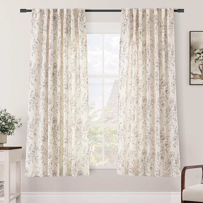 Coffee Floral Curtains 72 inch Length Back Tab Farmhouser Living Room Light Filtering Curtains Coffee Pattern Print on Cream White Linen Curtain Minimalist Aesthetic Sketch Style Vintage Room Decor