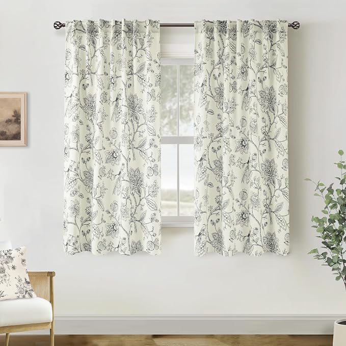 Black and Cream White Curtains for Laundry Room Office Windows, Toile Floral Botanical Semi Blackout Modern Farmhouse Curtains for Breakfast Nook Bedroom, 50 Inch Wide x 63 Inch Length 2 Panels Set
