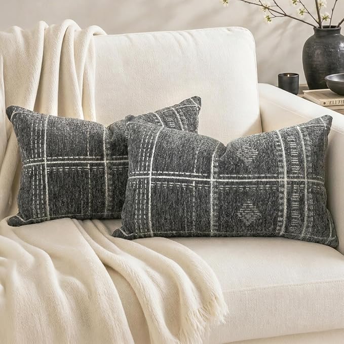 BlissBlush Decorative Lumbar Pillow Covers 12x20 Set of 2, Boho Dark Gray Chenille Accent Rectangular Throw Pillow Covers for Couch Sofa Living Room Home Décor (Cover Only)