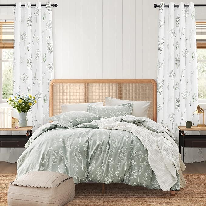 XTMYI Sage Green Curtains 102 Inches Long for Living Room,80% Blackout Room Darkening Boho Cottagecore Decor Vine Botanical Curtains Drapes for Bedroom 2 Panels Set,Light Green and Gray
