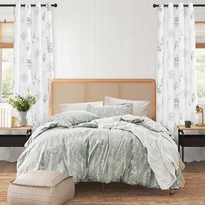 XTMYI Sage Green Curtains 90 Inches Long for Living Room,80% Blackout Room Darkening Boho Cottagecore Decor Botanical Curtains Drapes for Bedroom 2 Panels Set,Light Green and Grey