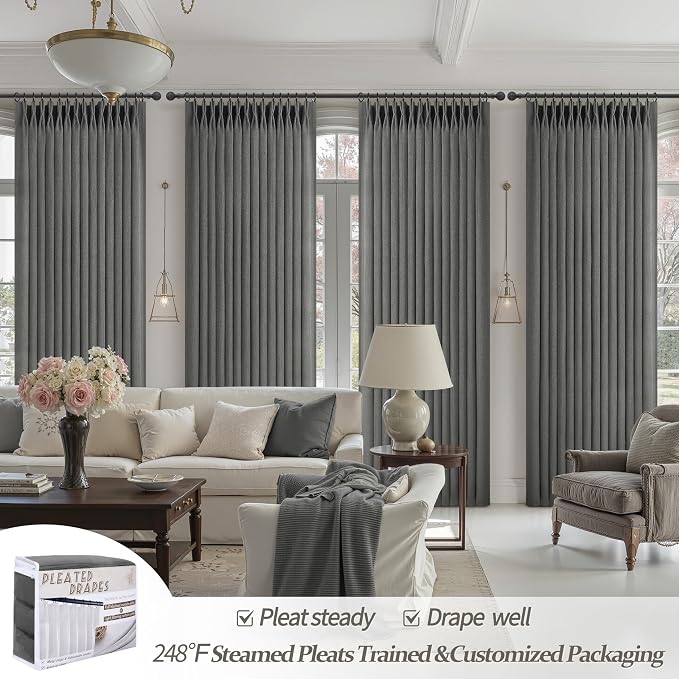 Dark Grey Memory Shaped Pinch Pleated Living Room Curtains 84 Inches Long 2 Panels Set, Textured Linen Semi Sheer Privacy Curtain Light Filtering for Bedroom Windows Drapes 40"W x 84"L Charcoal Gray