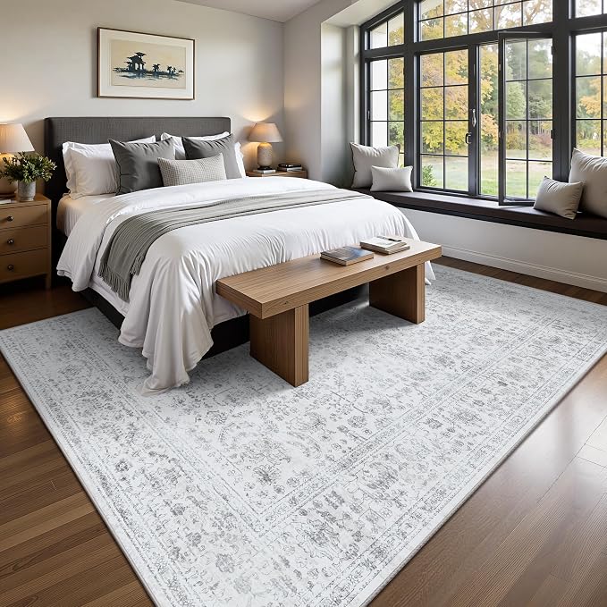 5x7 Area Rugs, Washable Vintage Retro Floral Rug for Living Room, Low Pile Non Slip Distressed Large Carpet for Bedroom, Dining Room, Office, Home (Grey)