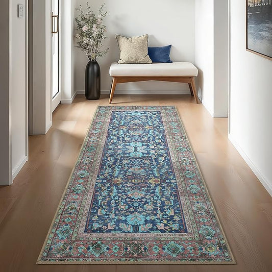 Navy Blue Oushak Runner Rug Hallway 2'5x9'8 - Turkish Modern Runner Rugs, Vintage Washable and Foldable Entrance Long Rugs, Non-Slip Runner Rug for Hallway, Kitchen, Bedroom, Bathroom