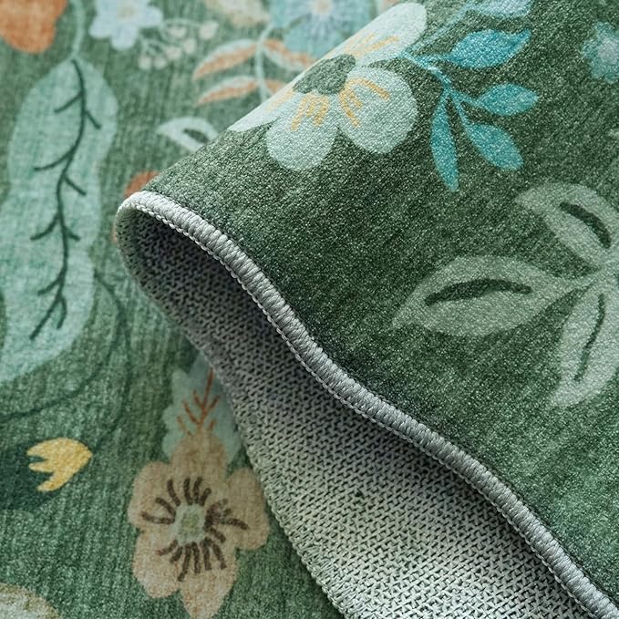 Washable 2'6x12 Hallway Runner Rug: Soft Entryway Kitchen Floral Runners Non Slip Water Resistant Nursery Bathroom Floor Mat Light Weight Carpet for Living Room Bedroom (2'6x12 Floral/Green)