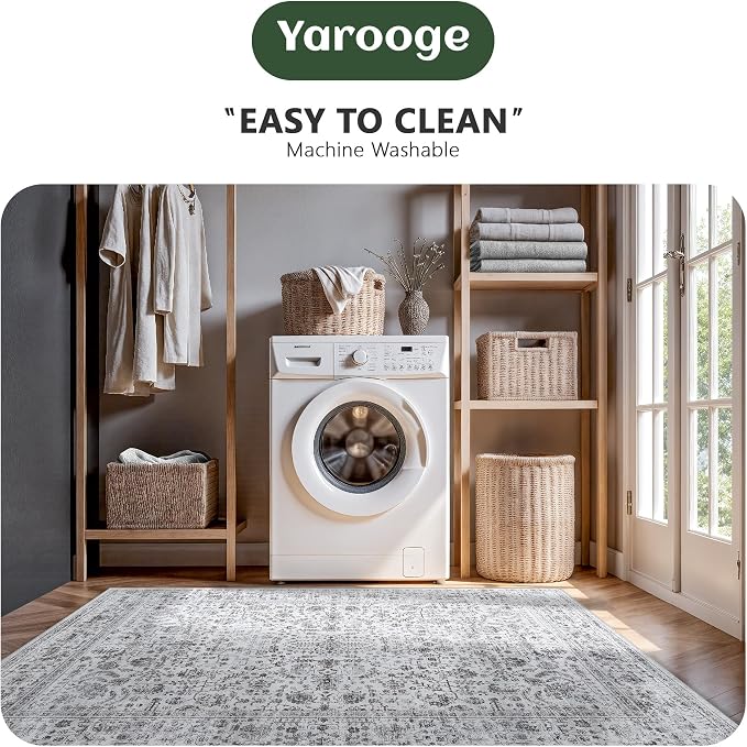 8x10 Area Rugs for Living Room, Washable Vintage Retro Floral Rug, Low Pile Non Slip Distressed Large Carpet for Bedroom, Dining Room, Office, Home (Vintage Black)