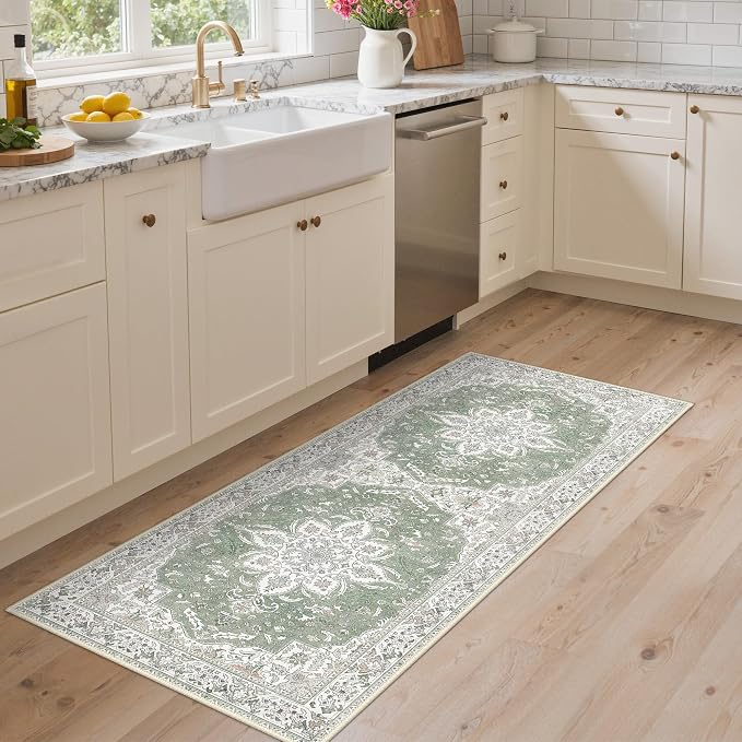 GENIMO 2'6''x6 Washable Vintage Runner Rug for Hallway, Non-Slip Low Pile Chenille Print Rug, Soft Rugs for Indoor Entryway Kitchen Corridor, Sage & Linen