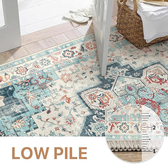 GENIMO Runner Rug 2x7 Non Slip Machine Washable Hallway Runner Rug, Low Pile Lightweight Rugs for Entryway, Hallway, Kitchen and Corridor, Turquoise & White