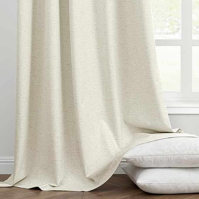 EMEMA Cream White Linen Blackout Curtains 84 inch Long 2 Panels Set for Bedroom Back Tab Thermal Insulated 100% Black Out Drapes Pinch Pleated Hooks Room Darkening Window Curtain for Living Room