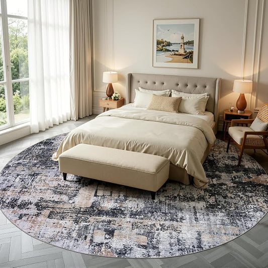 Sasttie 8ft Soft Round Area Rug, Modern Abstract Washable Large Circle Carpet for Living Room, Bedroom, Dining Room Table, with Non-Slip Backing, Black and Cream