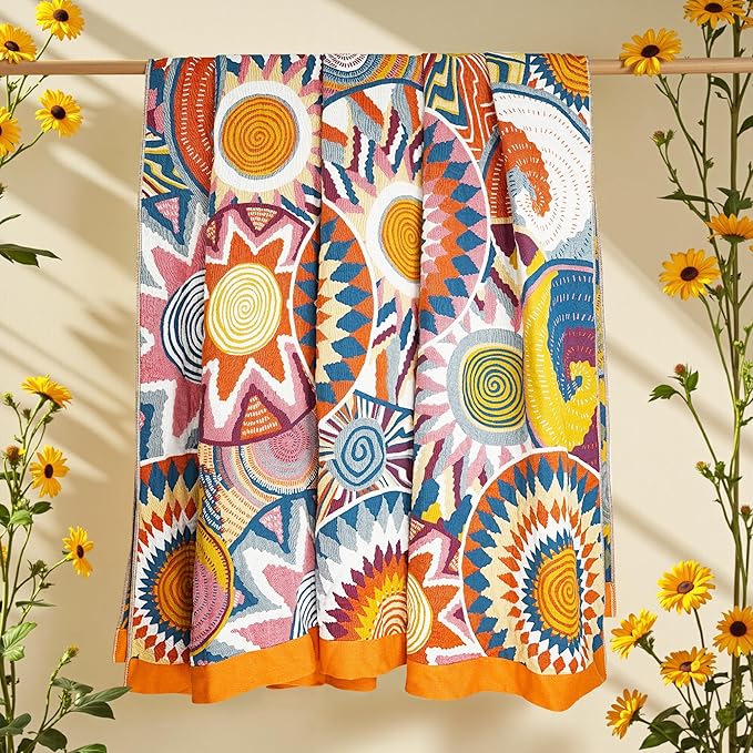 VANJOROY Boho Throw Blanket, 100% Organic Muslin Cotton Skin-friendly Breathable Ultra Soft Bed Quilt Throw - All Season Bohemian Decor Luxury Colorful Blanket for Sofa Couch Chair and Gift. 60" x 80"