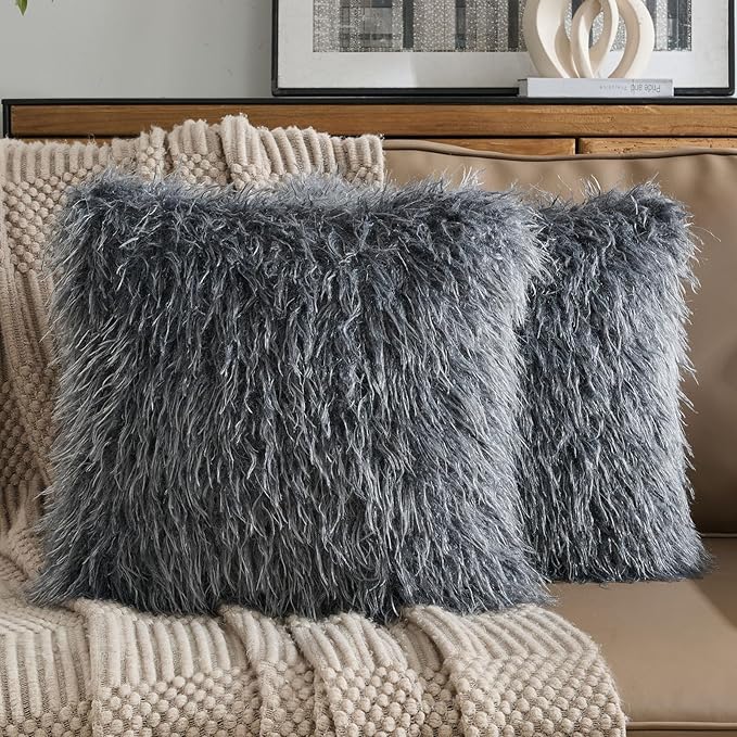 FUTEI Pack of 2 Shaggy Mongolian Faux Wool Throw Pillow Covers 18x18 Inch Soft Fluffy Farmhouse Decorative Cushion Case for Couch Bed Living Room, Dark Grey