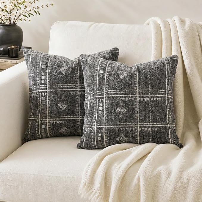 BlissBlush Decorative Throw Pillow Covers 20x20 Set of 2, Boho Dark Gray Chenille Accent Throw Pillow Covers for Couch Sofa Bed Living Room Home Décor (Cover Only)
