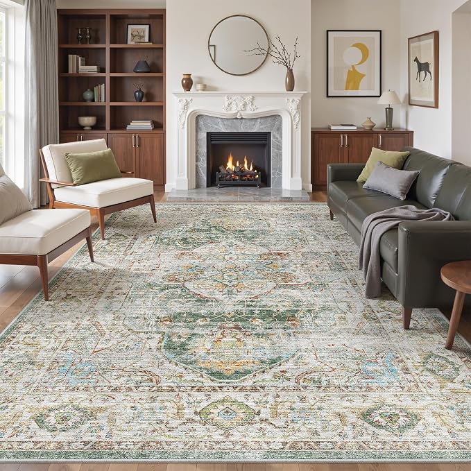 befbee 9x12 Area Rug,Ultra-Thin Washable Rugs for Living Room,Non-Slip Lightweight Foldable Area Rug,Stain Resistant Vintage Large Rugs (Green,9'x12')